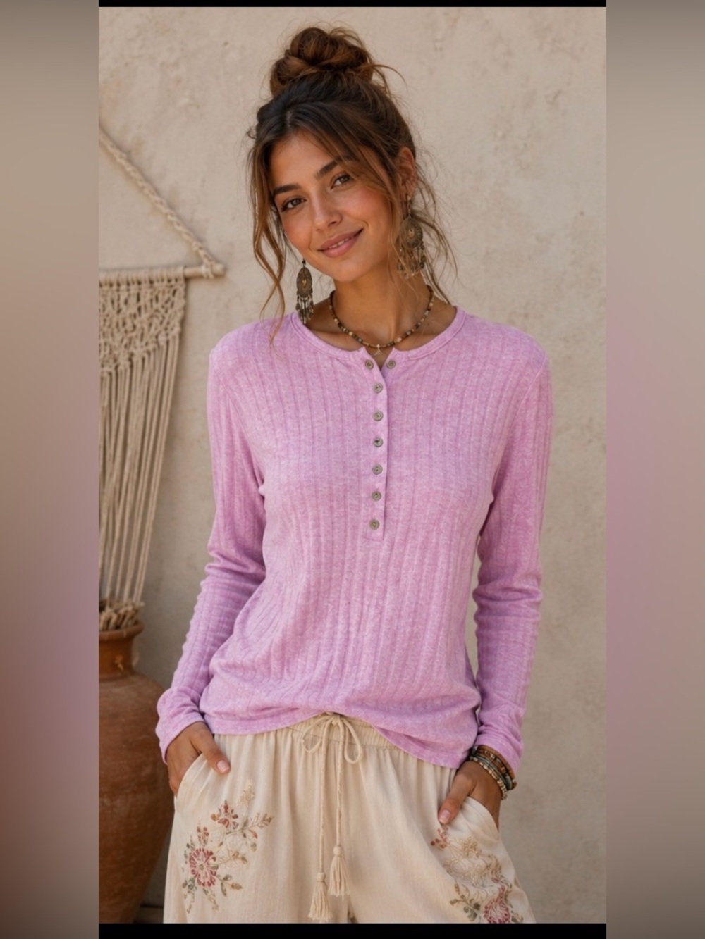Zenana Light Pink Ribbed Long-Sleeve Women’s Top
